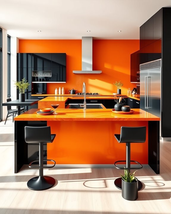 vibrant black and orange kitchen
