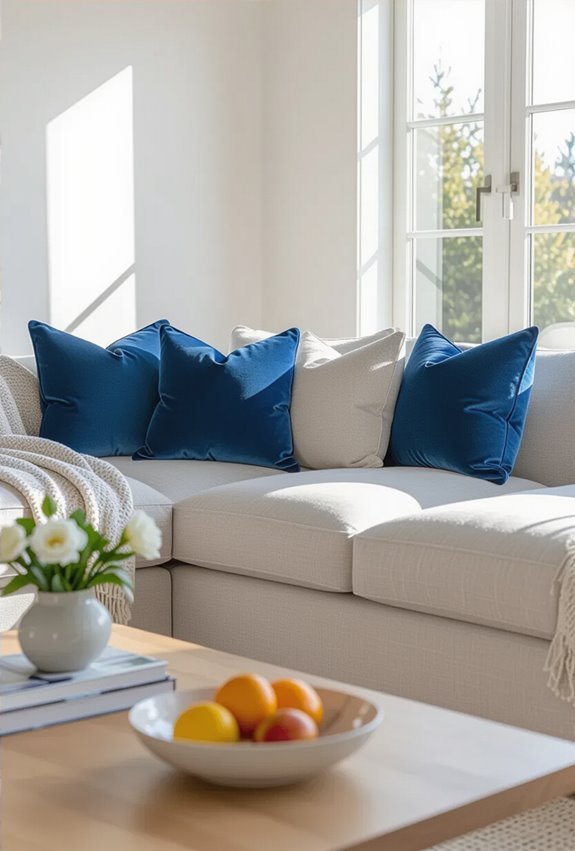 vibrant blue pillows enliven neutrals