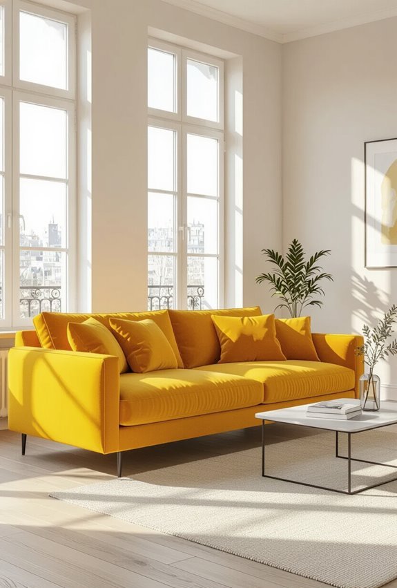 vibrant couch creates inviting charm