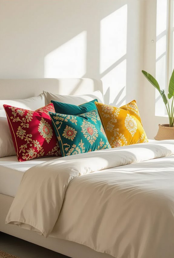 vibrant embroidered mirror trimmed pillows