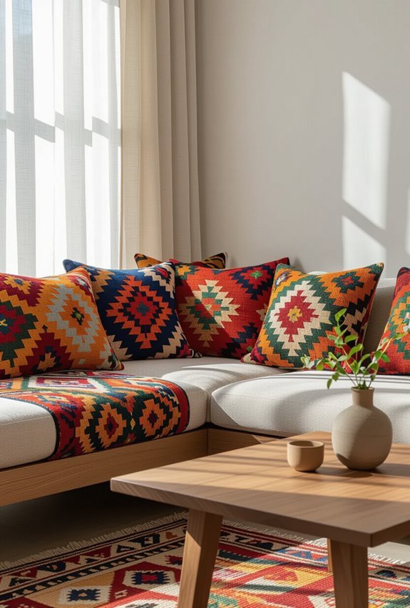 vibrant layered kilim cushions