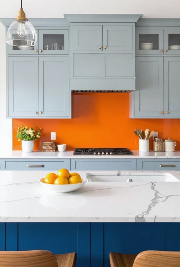 vibrant orange walls blue cabinetry