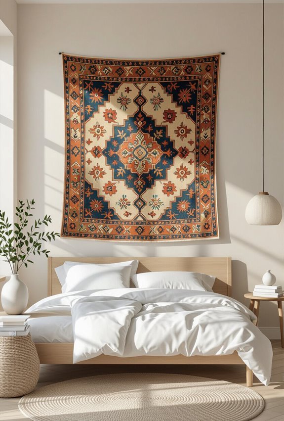 vibrant tapestry above bed