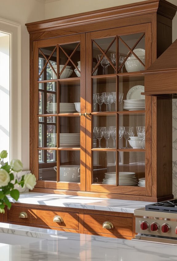 vintage grilled glass front cabinets