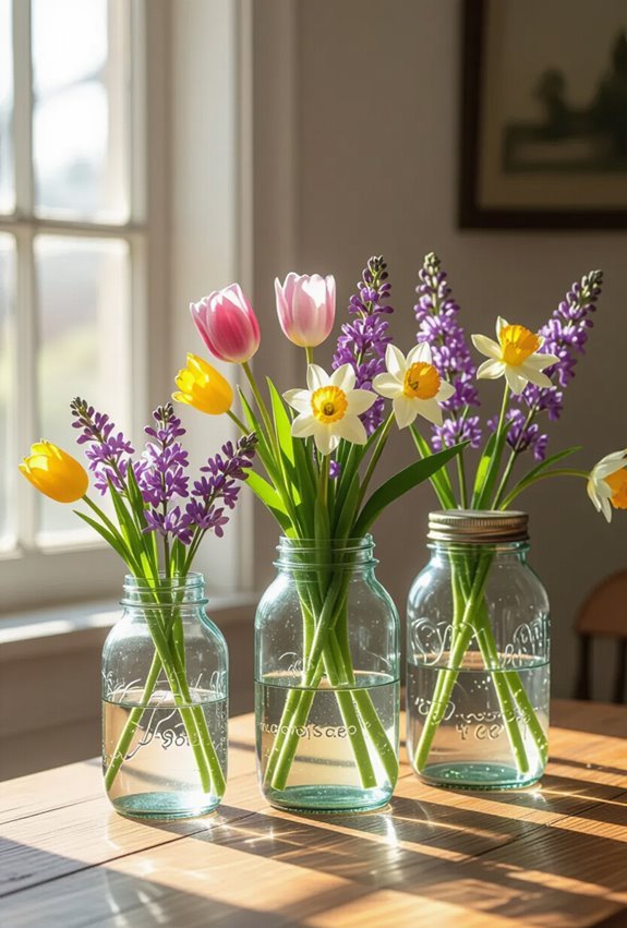 vintage jars with spring blooms