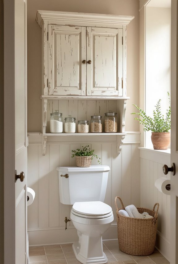 vintage open shelf bathroom cabinet