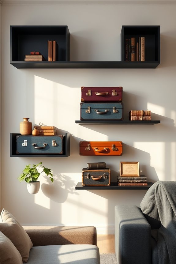 vintage suitcases on shelves