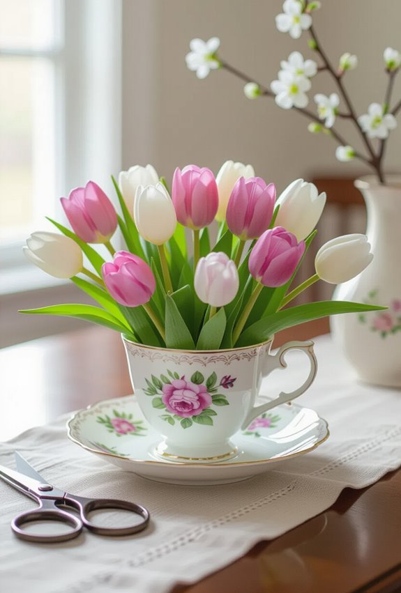 vintage teacups with tulips