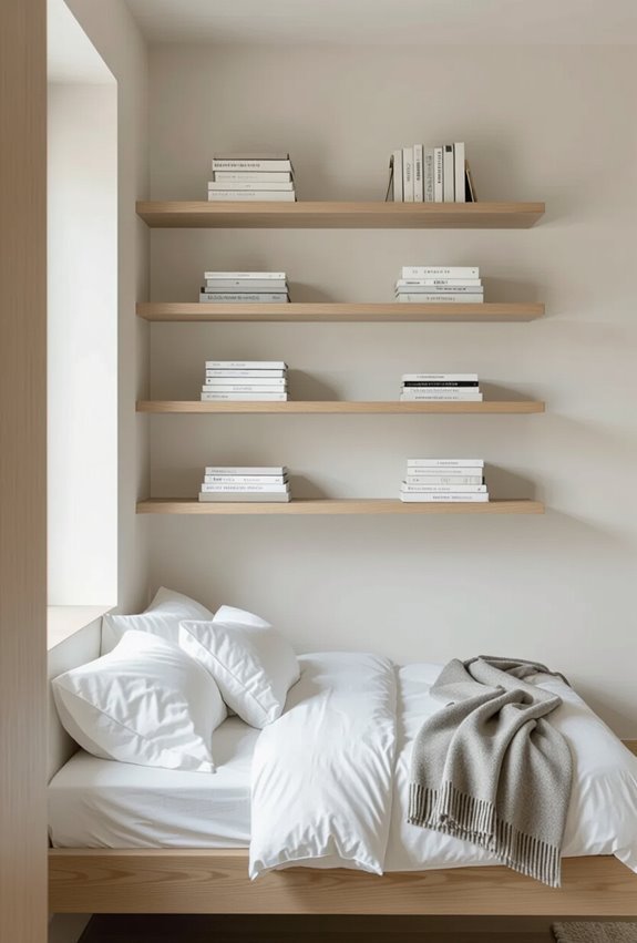 wall mounted minimalist bookshelf styling