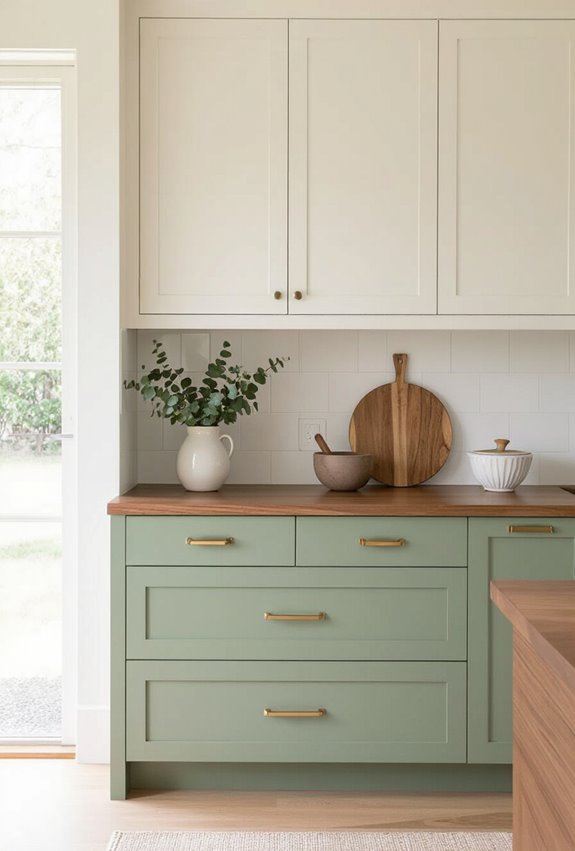 walnut topped two tone cabinets