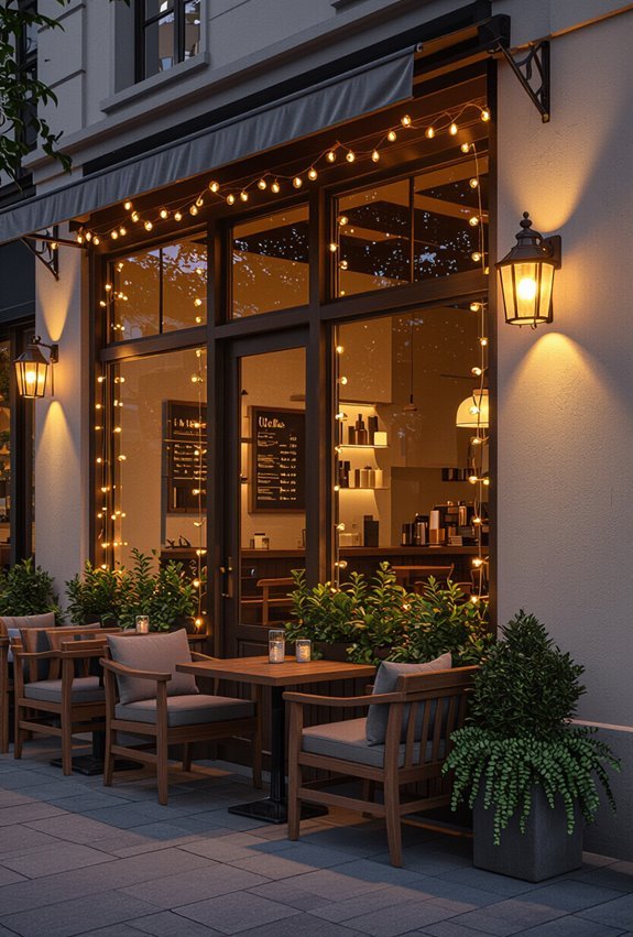 warm amber lantern lit exterior