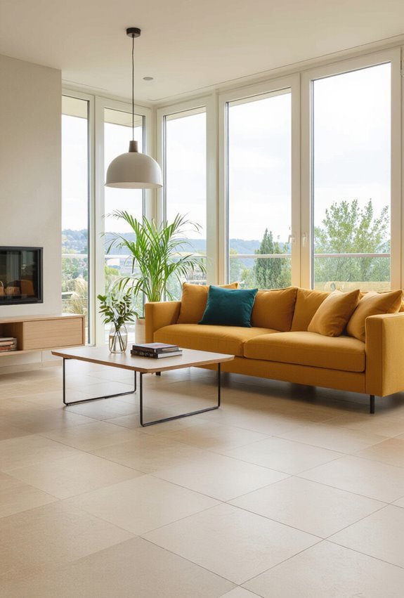 warm beige balances bright furniture