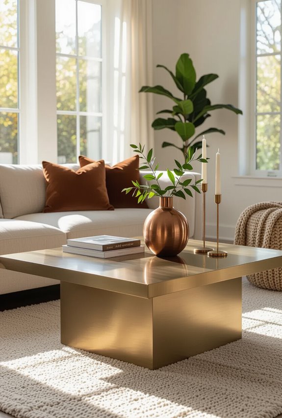 warm brass and copper finishes