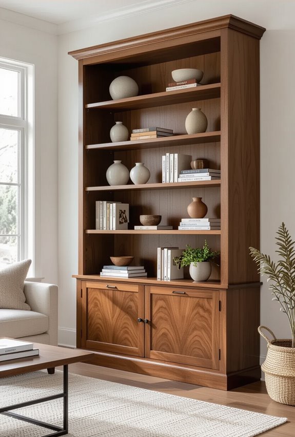 warm brown bookshelves maximize storage