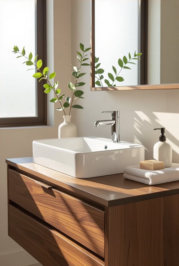 warm dual sink organized vanity