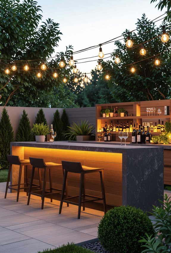 warm lit outdoor bar kitchen