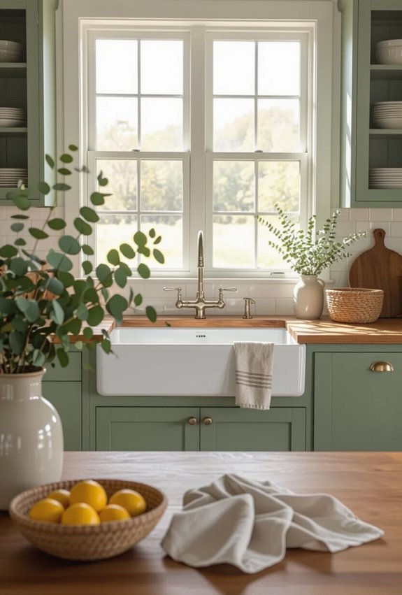 warm rustic green cabinets