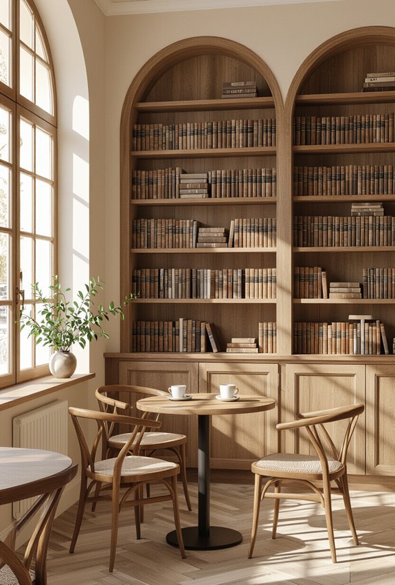 warm rustic wooden bookshelves