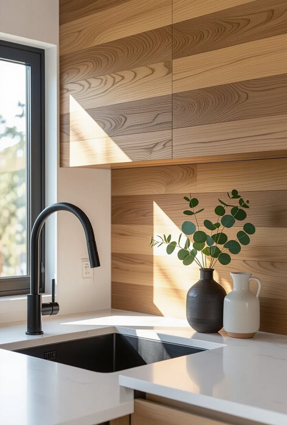 warm textured faux woodbacksplash