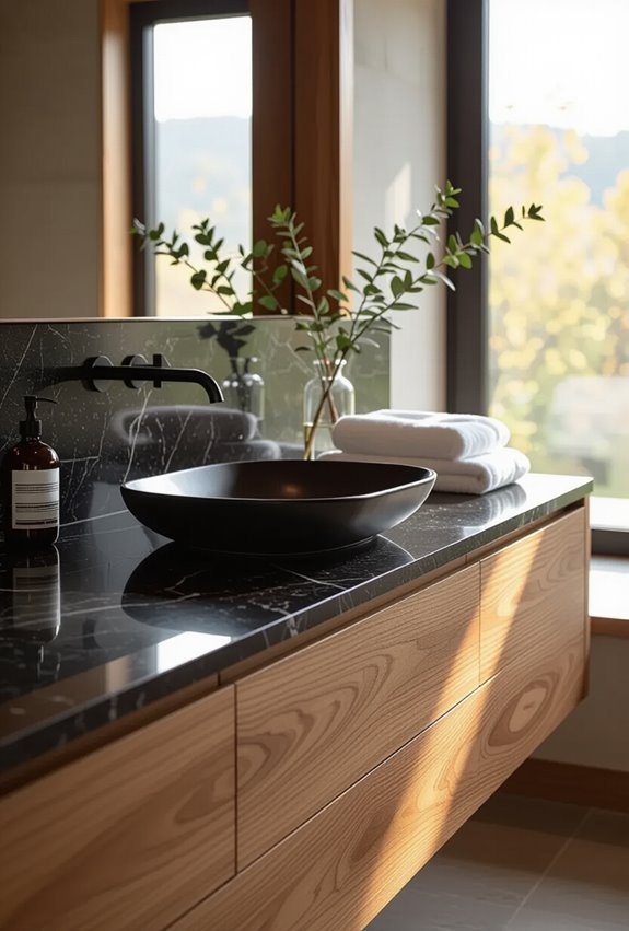 warm wood softens black granite