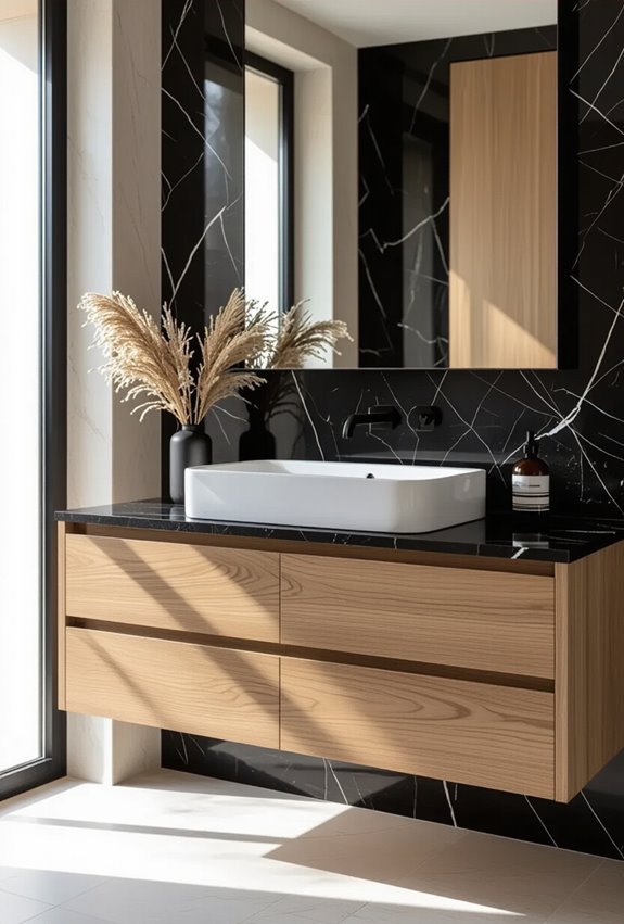 warm wood softens black marble