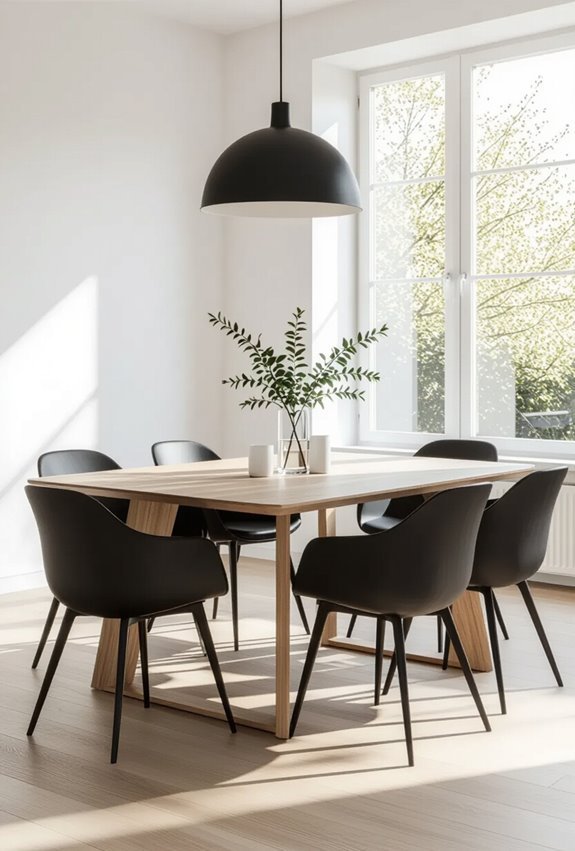 warm wood softens monochrome contrast