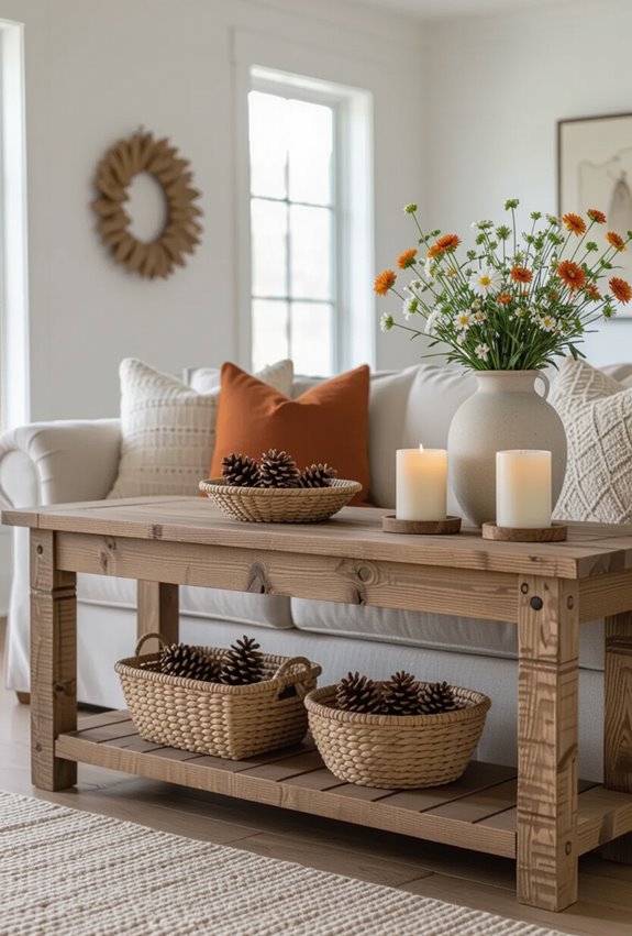 weathered rustic console behind sofa