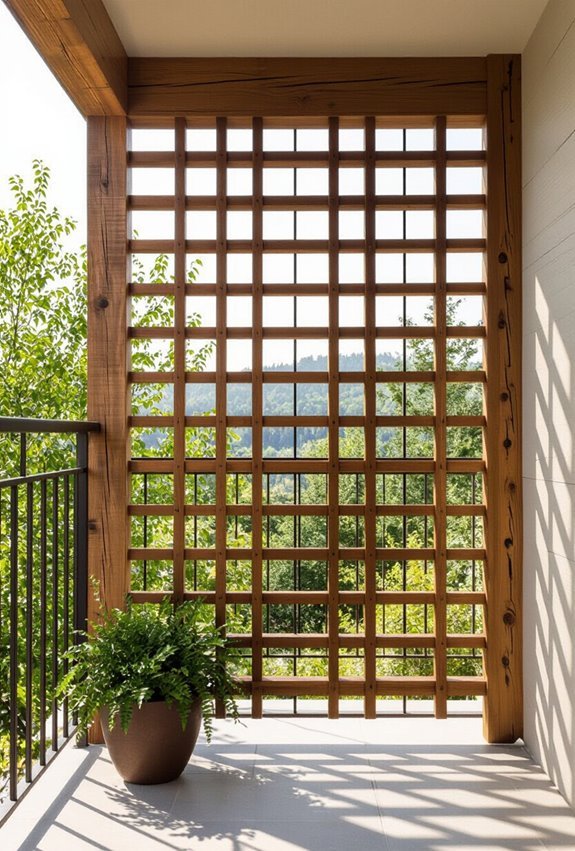 weathered wooden framed balcony grills