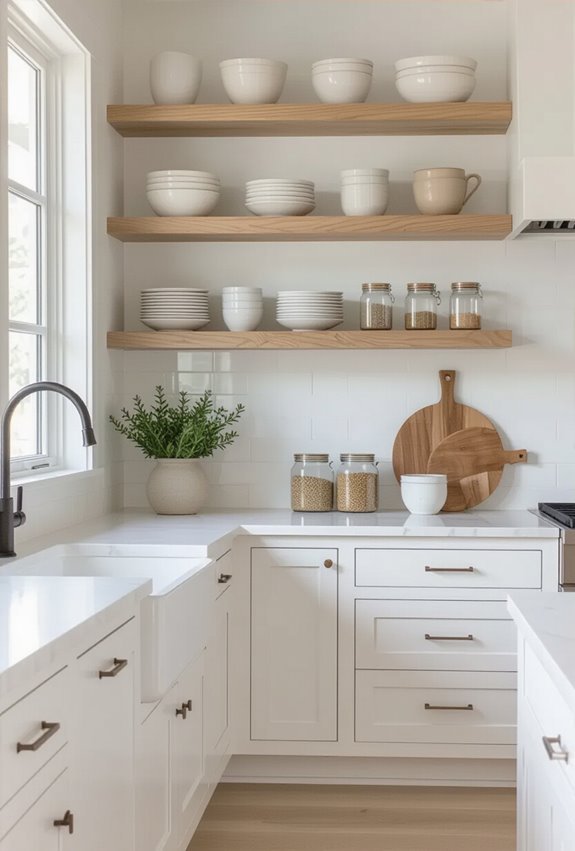 white base open shelves
