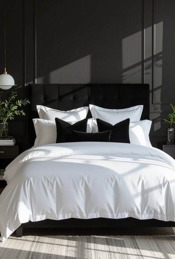 white bedding black pillows