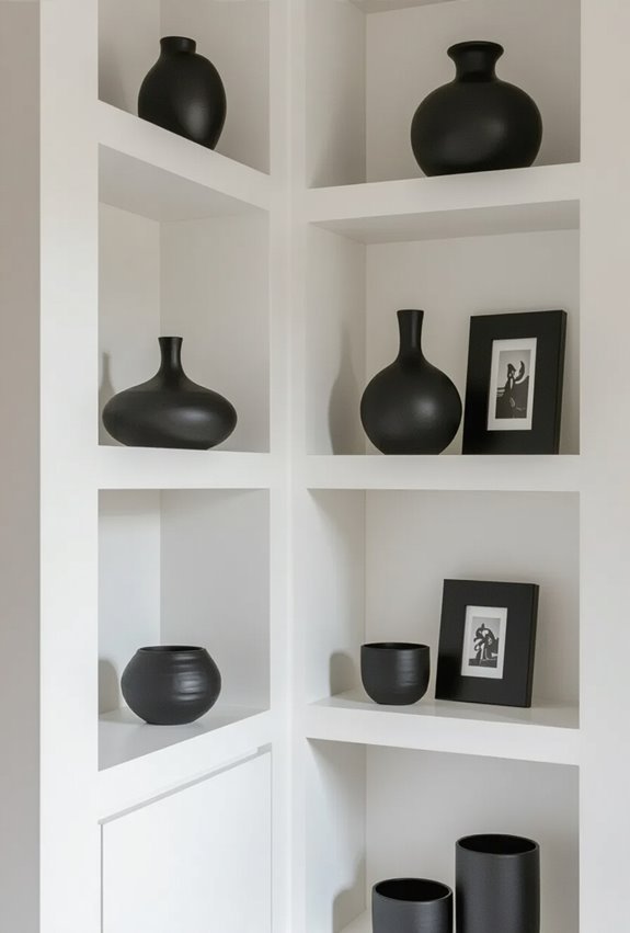 white shelves black accents