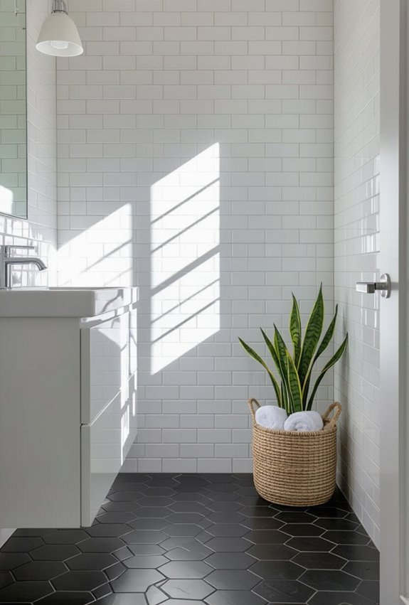 white subway tiles hexagon floors