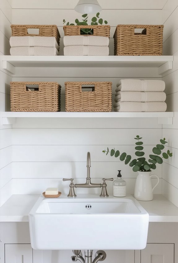 wicker basket open shelf storage