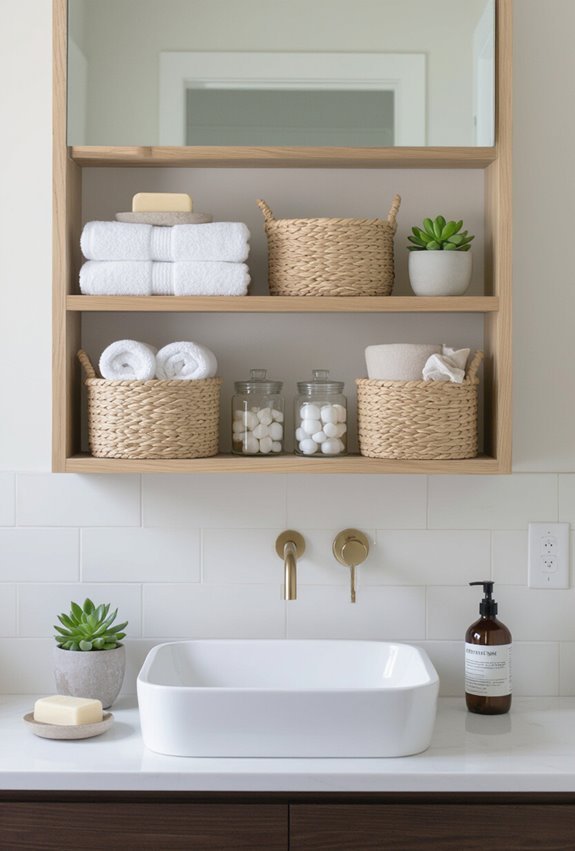 wicker baskets organize vanity shelves