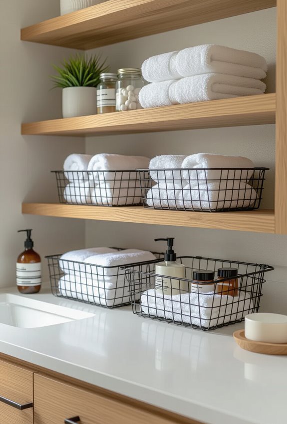 wire baskets organize bathroom essentials