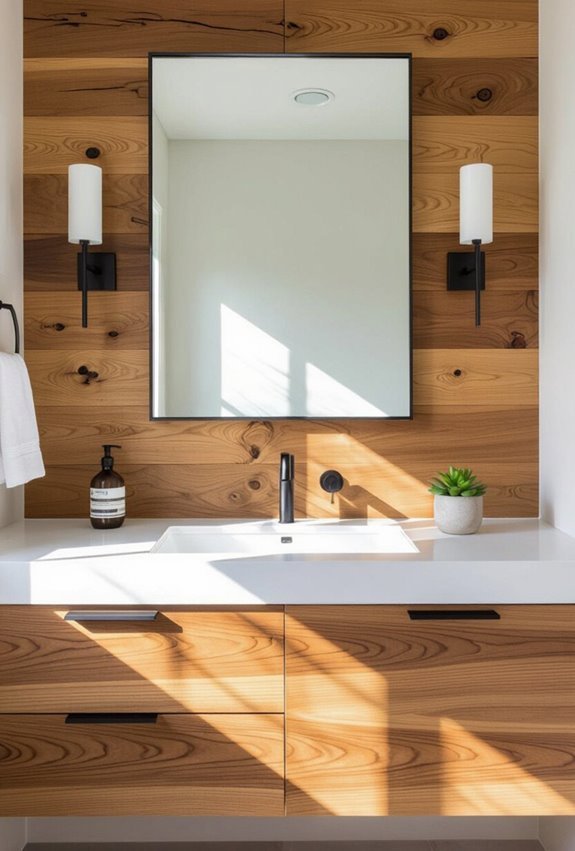 wood backed vanity with lighting