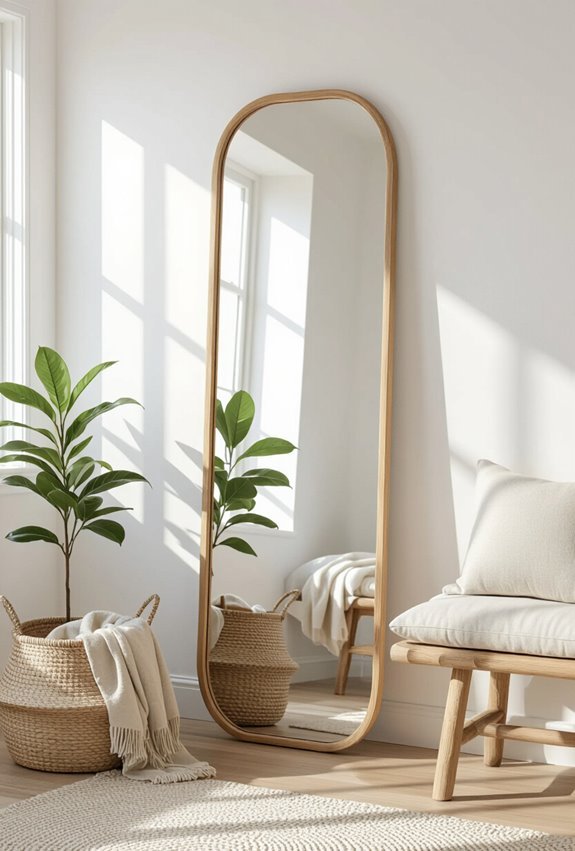 wood framed arched mirrors enhance