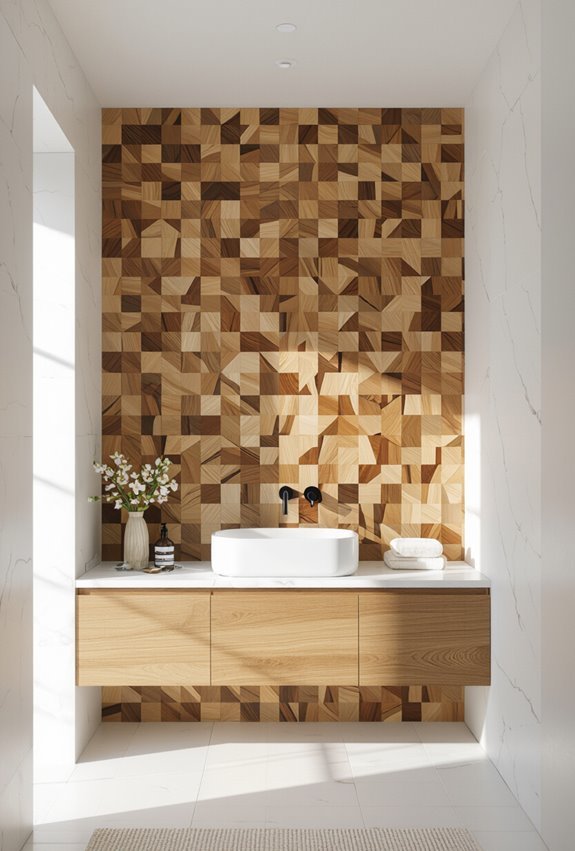 wood mosaic bathroom statement