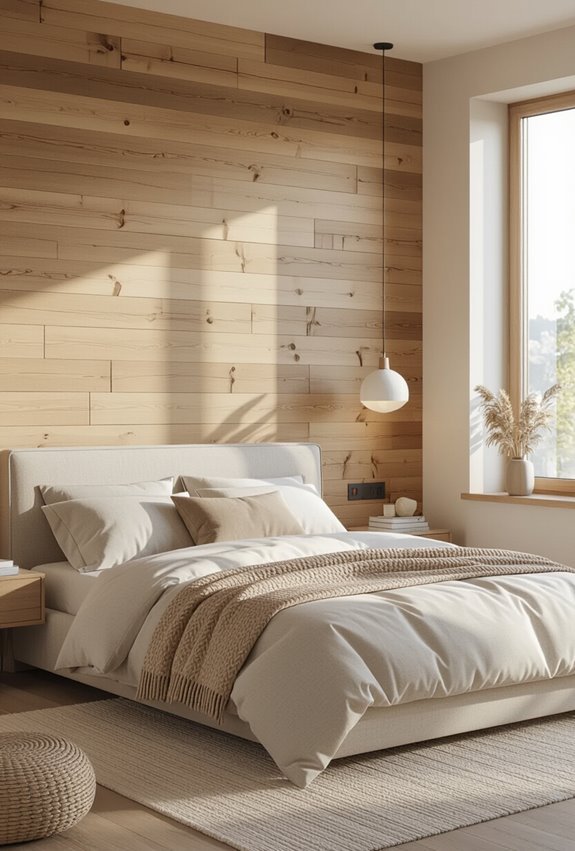 wood paneled upholstered headboard with lighting