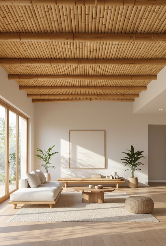 woven bamboo ceiling with pendants