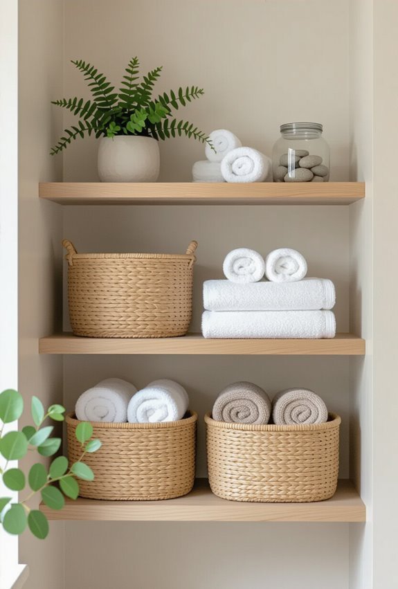 woven baskets and rolled towels