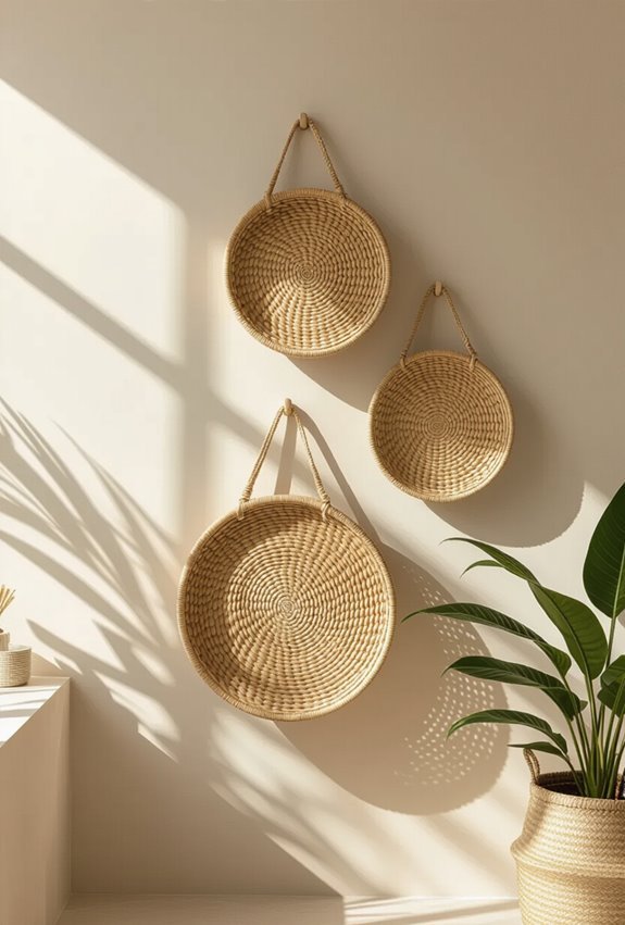 woven baskets as wall storage