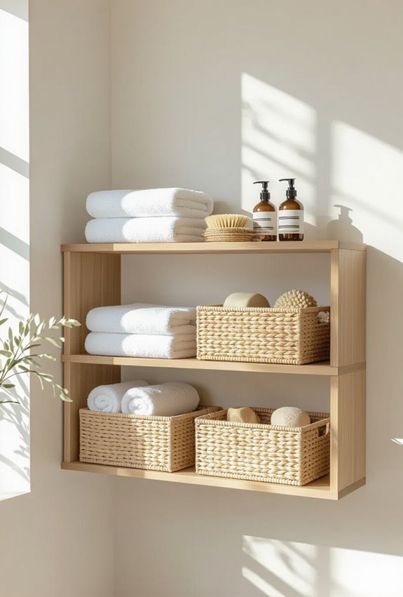 woven baskets on open shelving