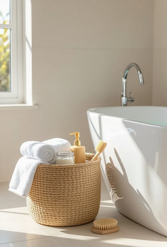woven baskets organize bath supplies