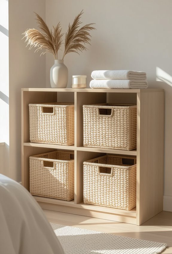 woven labeled baskets tidy