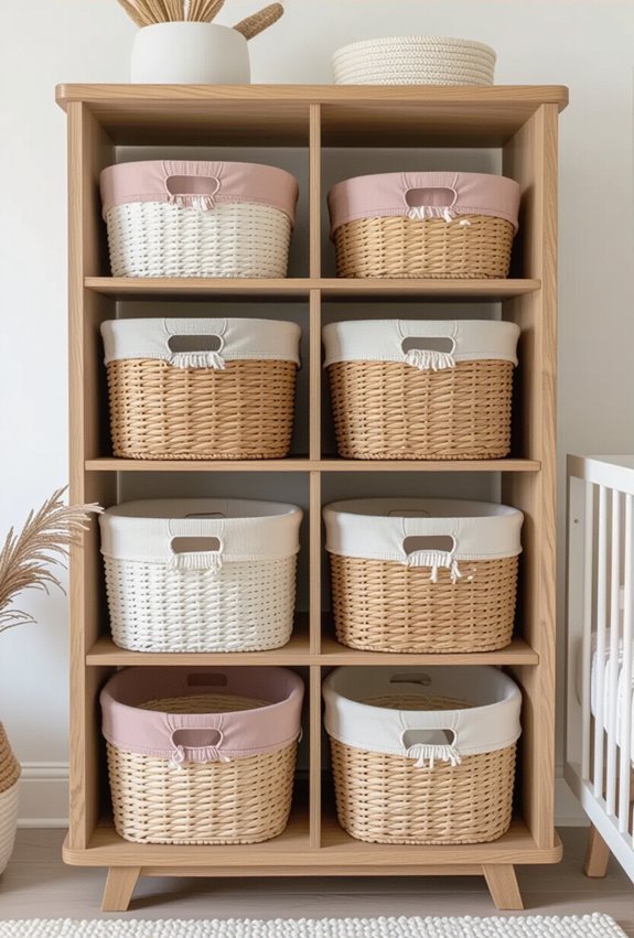 woven stackable labeled baskets