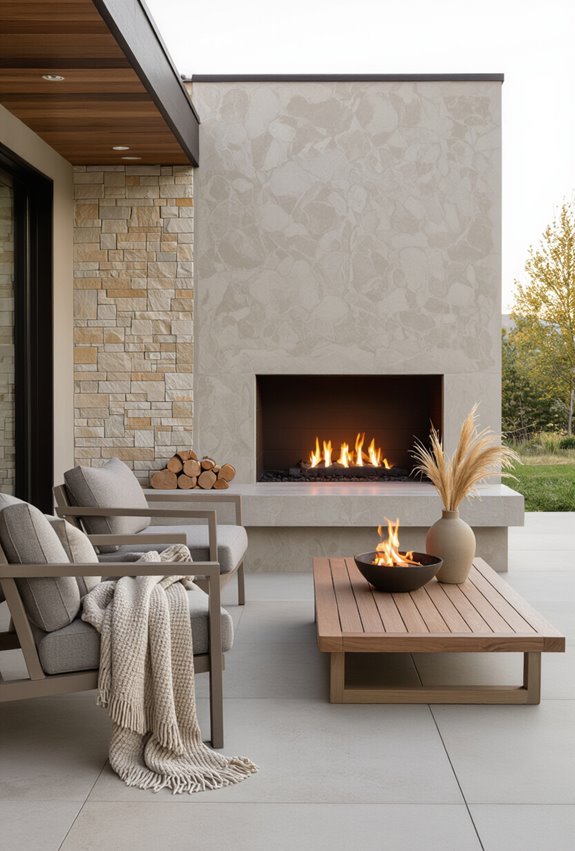 year round outdoor fireplace wall